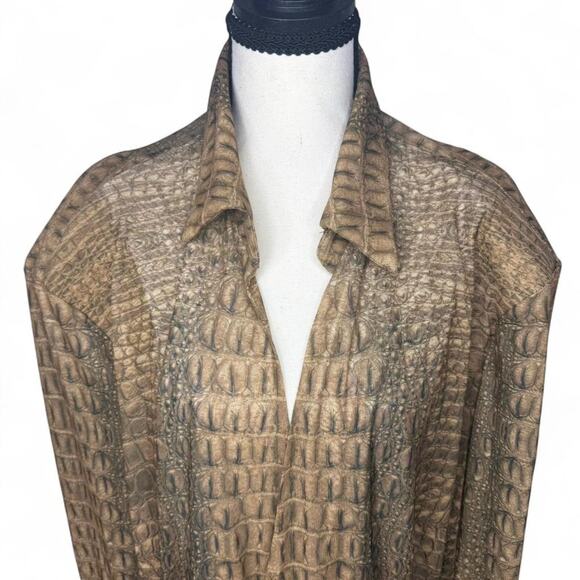 Women’s Brown Crocodile Print Bodysuit Blouse Tan Textured Long Sleeve Top (L) - Picture 3 of 6